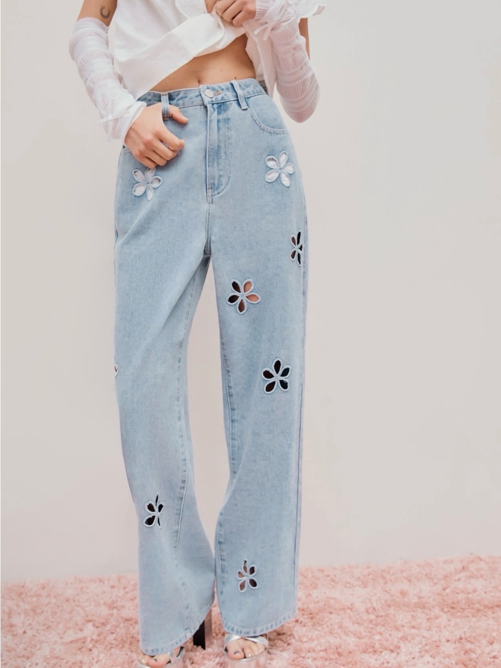 Cider Light Blue High-Rise Jeans with Floral Cutouts